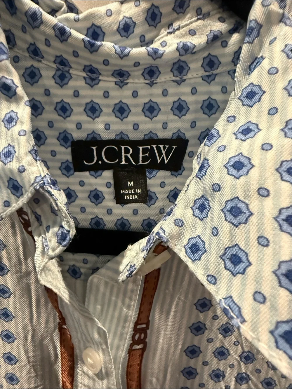 J. Crew White Button-Down Shirt with Blue Microprint and Brown Trim